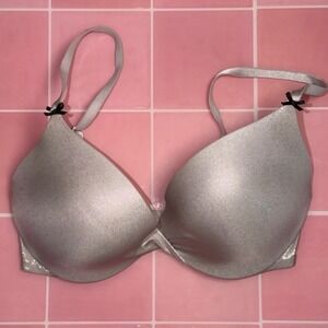 Victoria's Secret Silver Shimmer Plunge Push Up Bra 32D Metallic Taupe Bows
